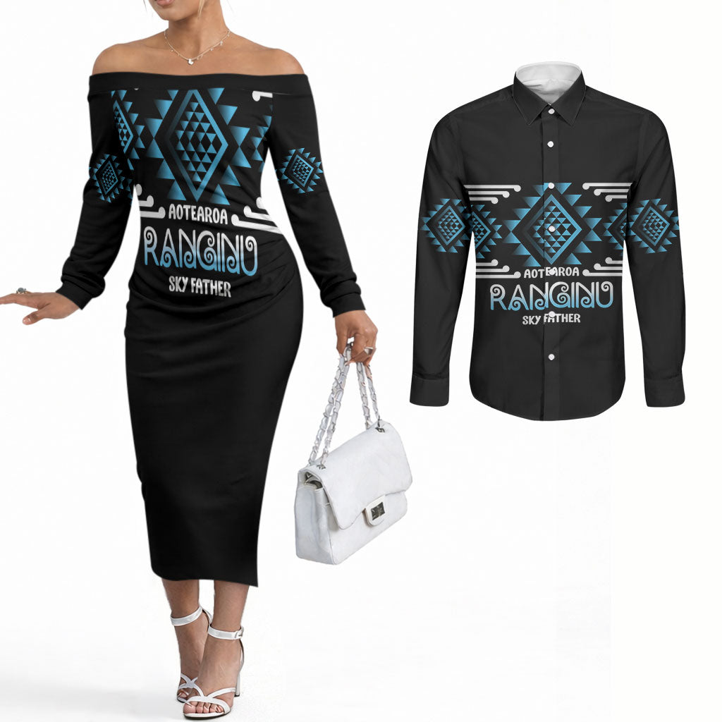 Aotearoa Atua Ranginui Personalised Couples Matching Off The Shoulder Long Sleeve Dress and Long Sleeve Button Shirt Maori Sky Father Taniko Motifs