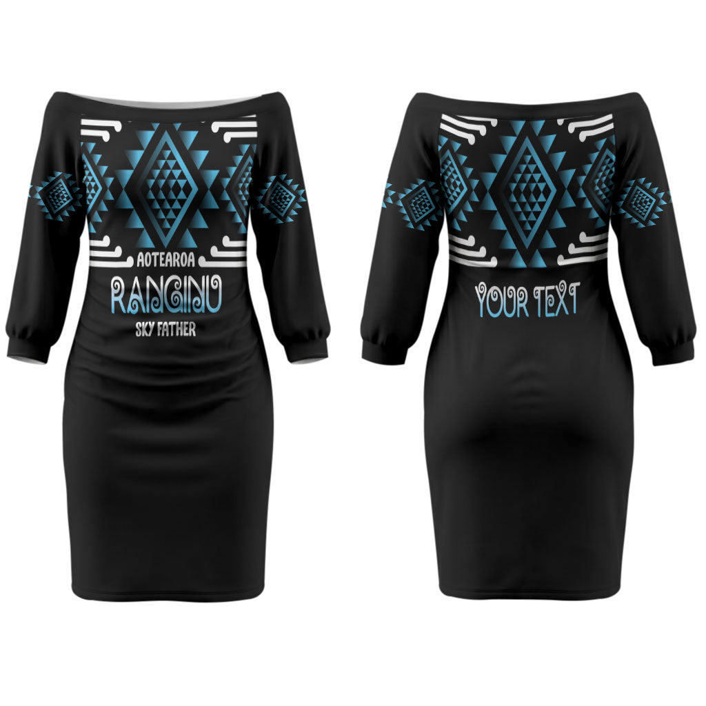 Aotearoa Atua Ranginui Personalised Couples Matching Off The Shoulder Long Sleeve Dress and Long Sleeve Button Shirt Maori Sky Father Taniko Motifs