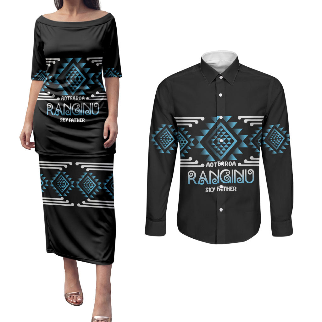 Aotearoa Atua Ranginui Personalised Couples Matching Puletasi and Long Sleeve Button Shirt Maori Sky Father Taniko Motifs
