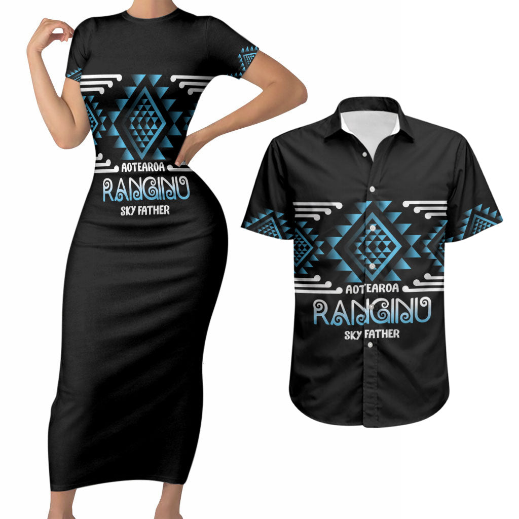 Aotearoa Atua Ranginui Personalised Couples Matching Short Sleeve Bodycon Dress and Hawaiian Shirt Maori Sky Father Taniko Motifs