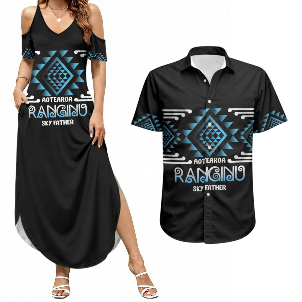 Aotearoa Atua Ranginui Personalised Couples Matching Summer Maxi Dress and Hawaiian Shirt Maori Sky Father Taniko Motifs LT14 Blue - Polynesian Pride