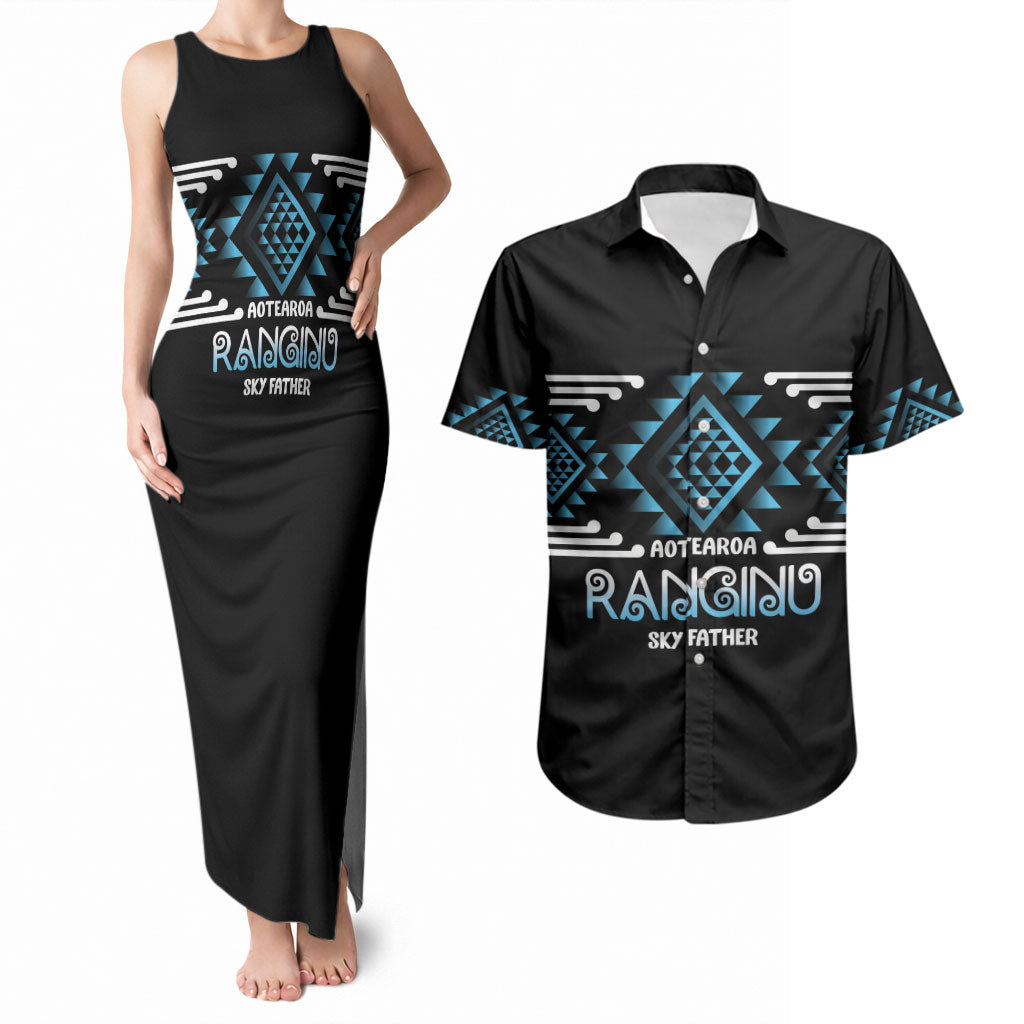 Aotearoa Atua Ranginui Personalised Couples Matching Tank Maxi Dress and Hawaiian Shirt Maori Sky Father Taniko Motifs