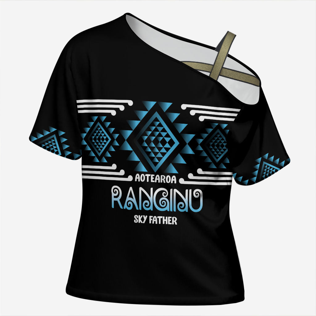 Aotearoa Atua Ranginui Personalised Cross Shoulder Shirt Maori Sky Father Taniko Motifs LT14 Female Blue - Polynesian Pride