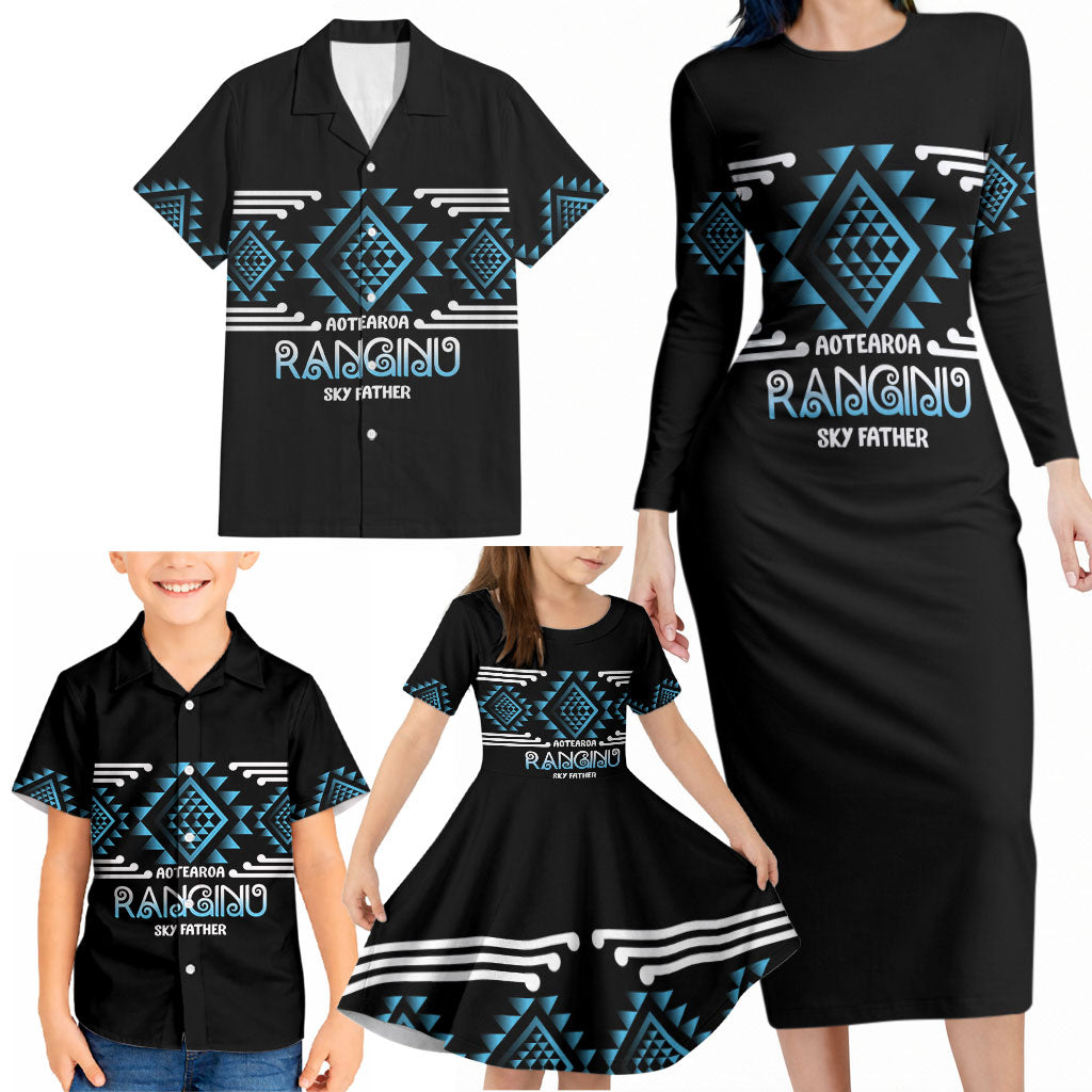 Aotearoa Atua Ranginui Personalised Family Matching Long Sleeve Bodycon Dress and Hawaiian Shirt Maori Sky Father Taniko Motifs
