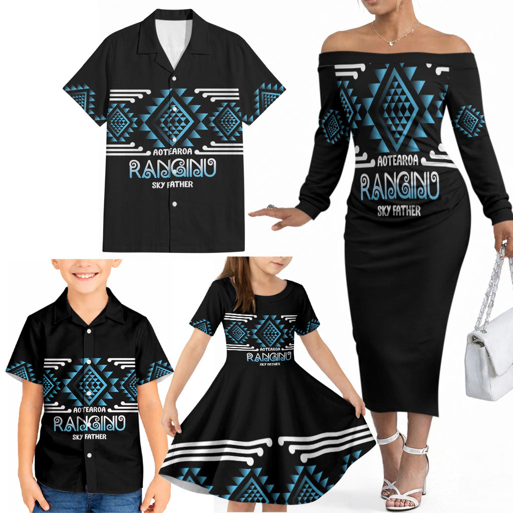 Aotearoa Atua Ranginui Personalised Family Matching Off The Shoulder Long Sleeve Dress and Hawaiian Shirt Maori Sky Father Taniko Motifs