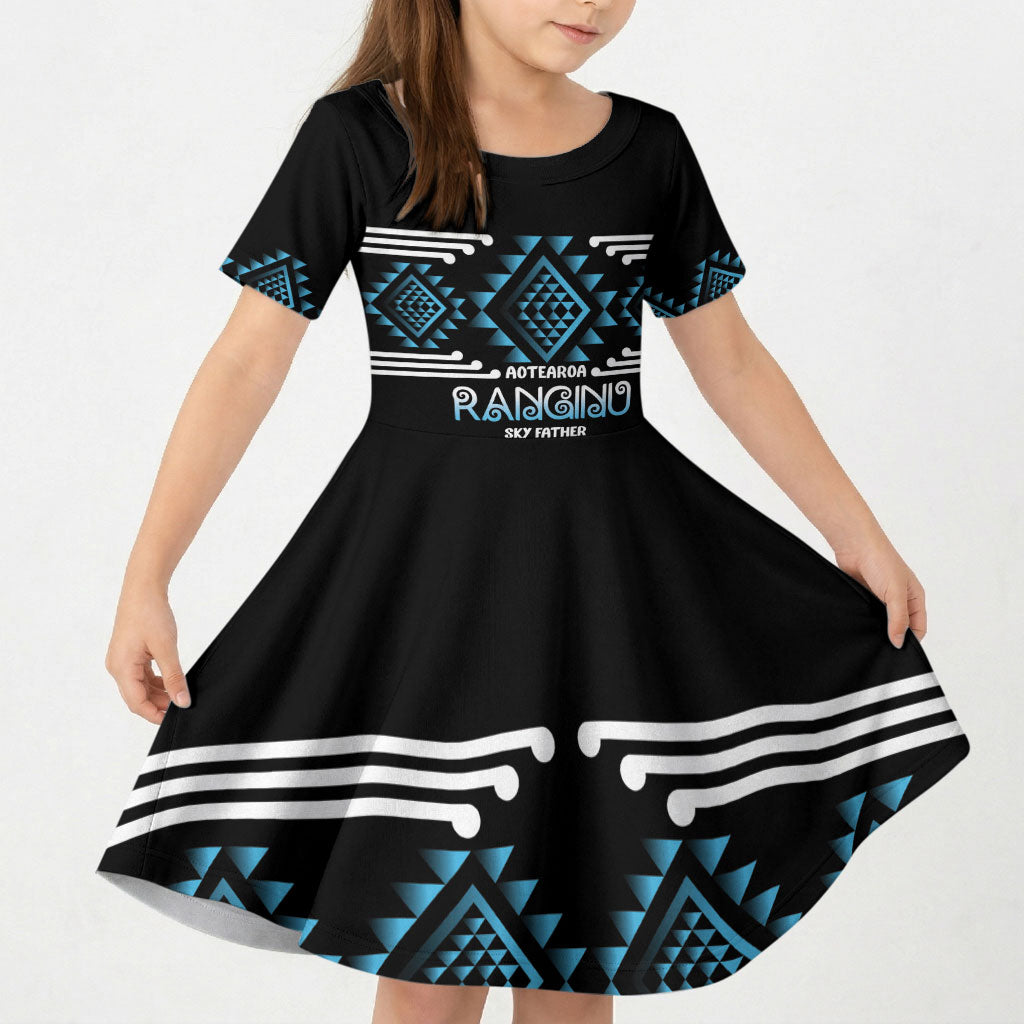 Aotearoa Atua Ranginui Personalised Kid Short Sleeve Dress Maori Sky Father Taniko Motifs