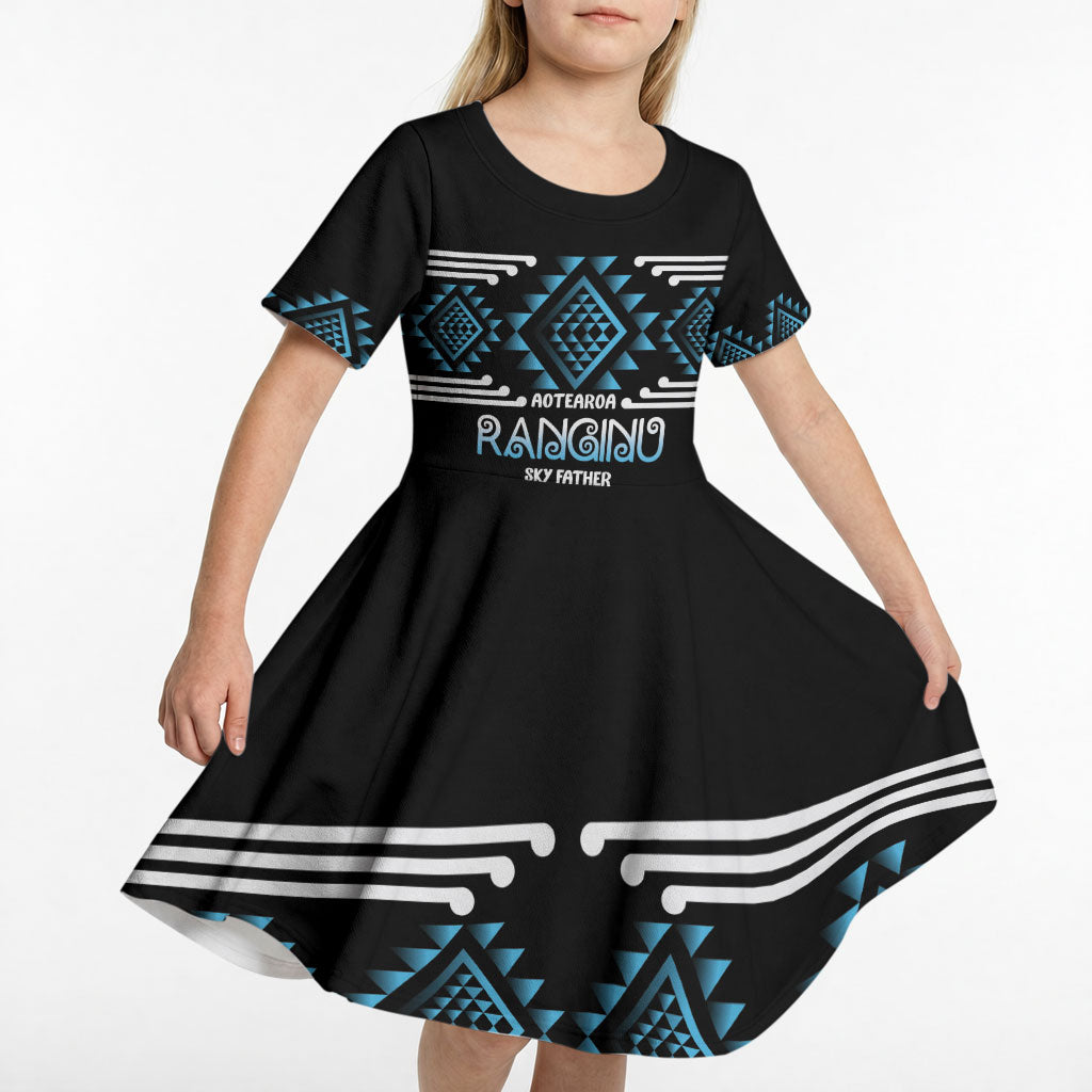 Aotearoa Atua Ranginui Personalised Kid Short Sleeve Dress Maori Sky Father Taniko Motifs
