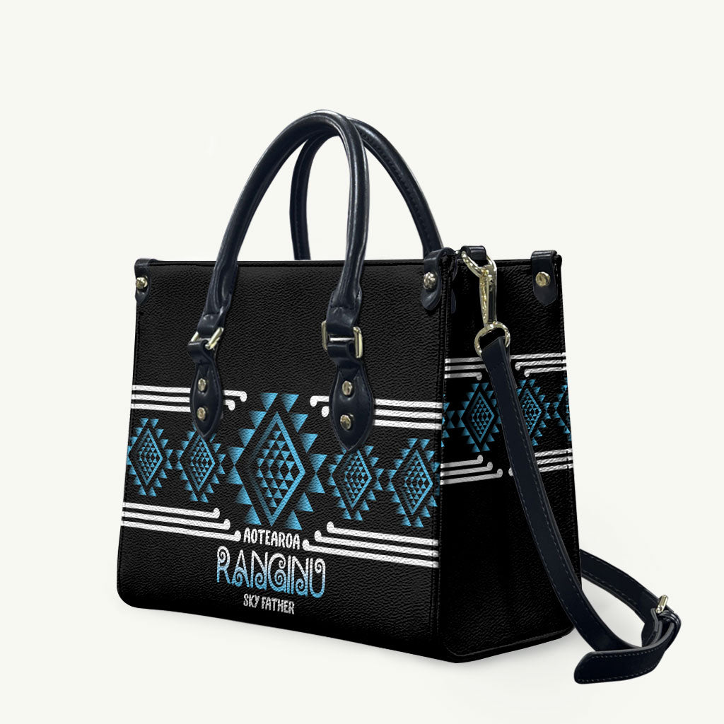Aotearoa Atua Ranginui Leather Bag Maori Sky Father Taniko Motifs