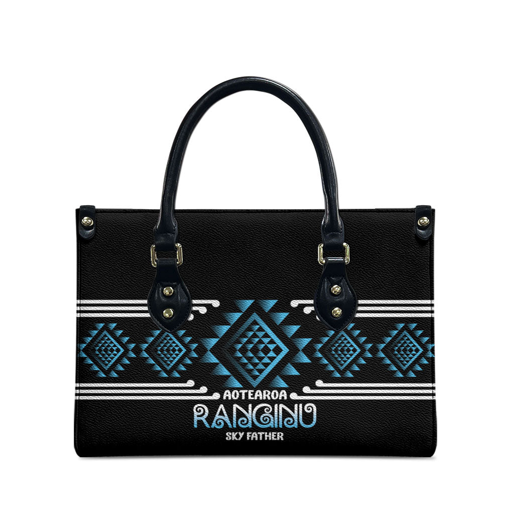 Aotearoa Atua Ranginui Leather Bag Maori Sky Father Taniko Motifs