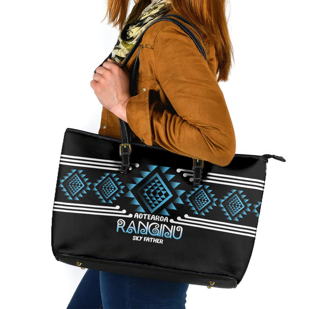Aotearoa Atua Ranginui Leather Tote Bag Maori Sky Father Taniko Motifs