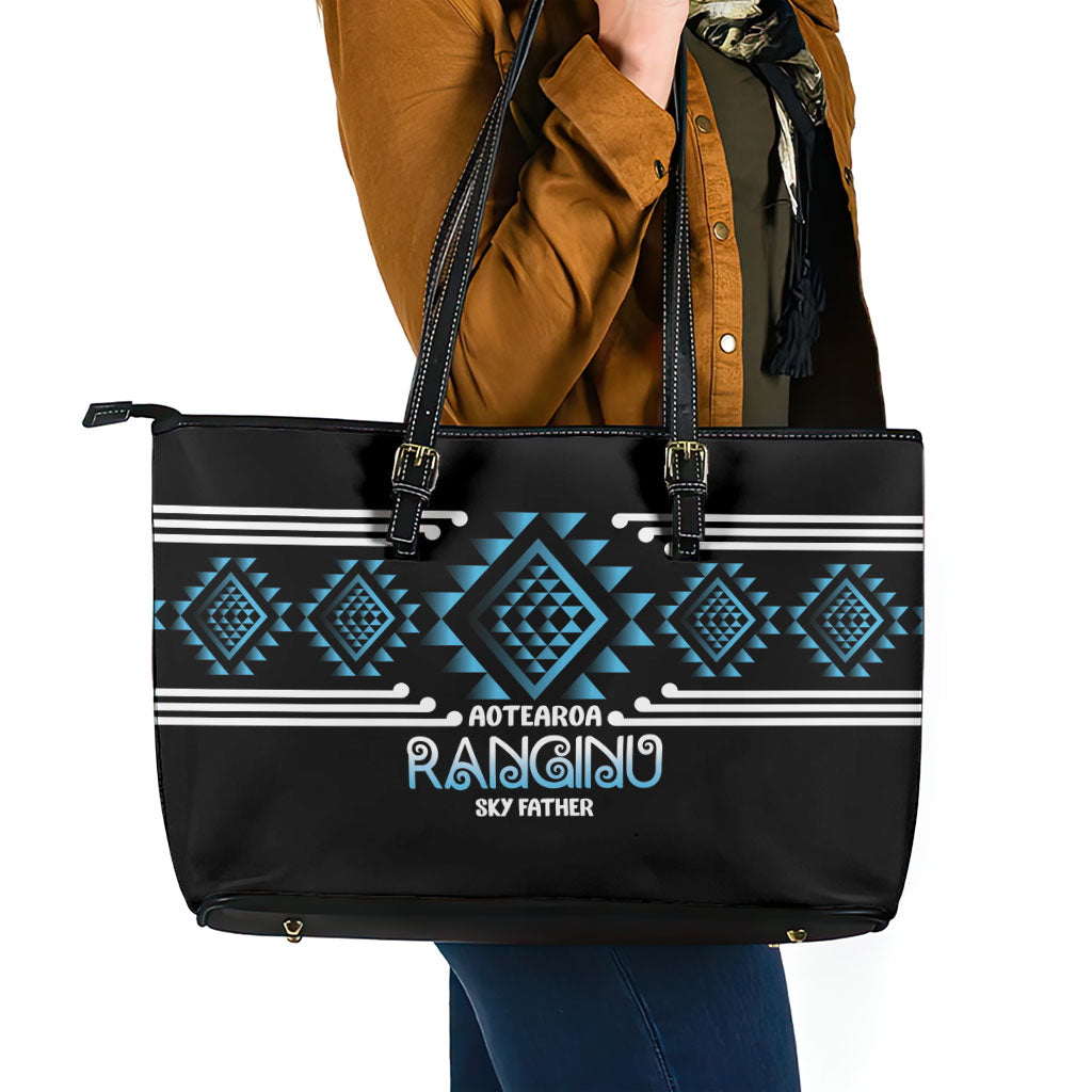 Aotearoa Atua Ranginui Leather Tote Bag Maori Sky Father Taniko Motifs