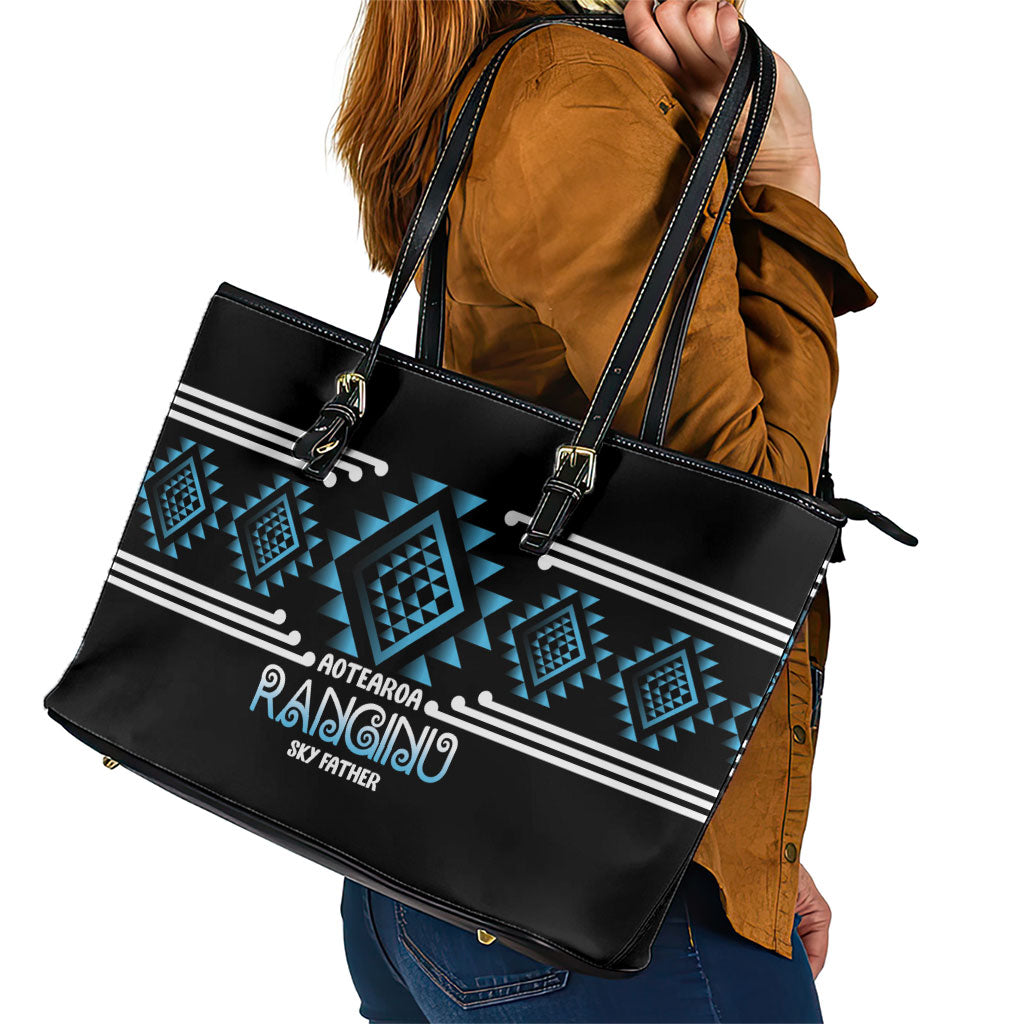 Aotearoa Atua Ranginui Leather Tote Bag Maori Sky Father Taniko Motifs