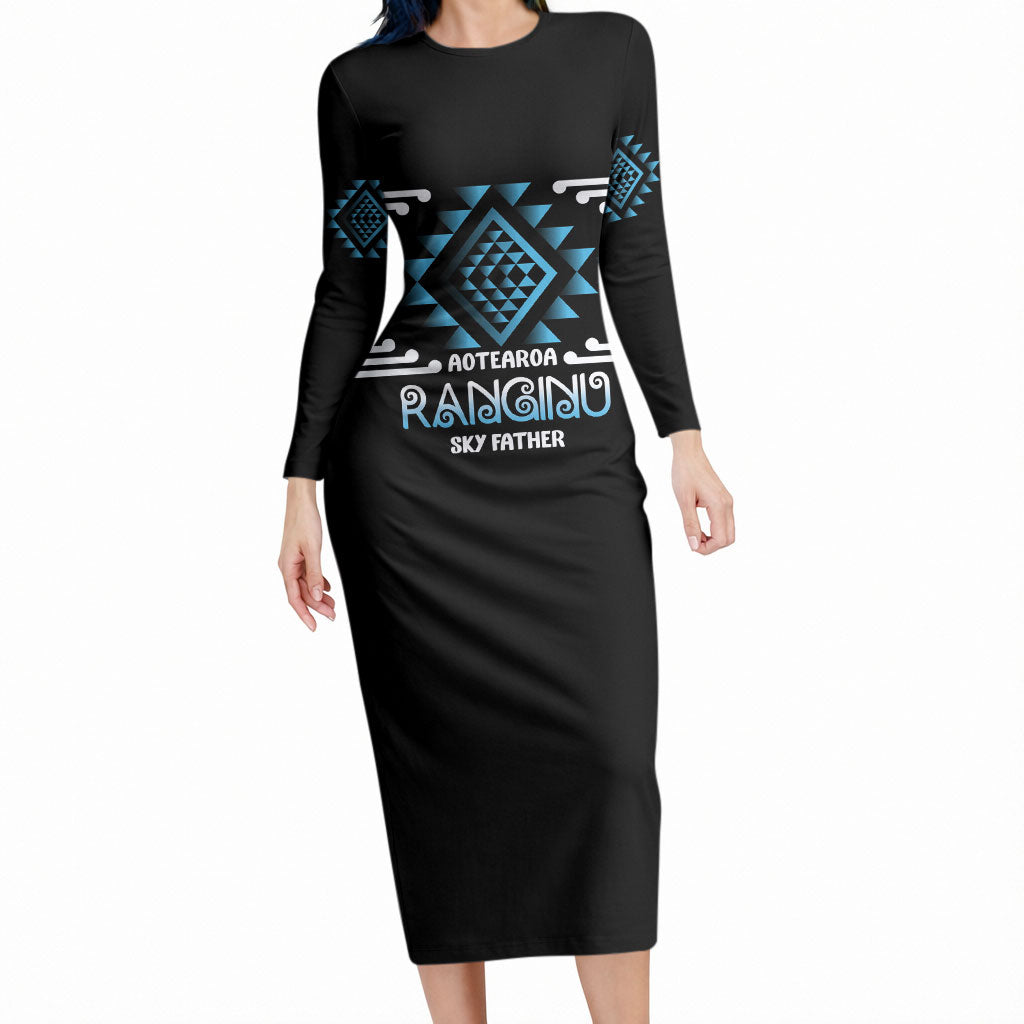Aotearoa Atua Ranginui Personalised Long Sleeve Bodycon Dress Maori Sky Father Taniko Motifs LT14 Long Dress Blue - Polynesian Pride