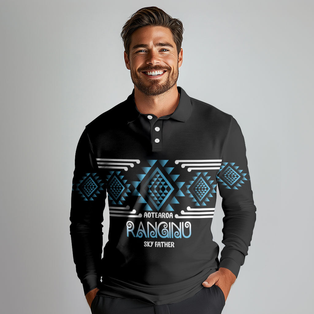 Aotearoa Atua Ranginui Personalised Long Sleeve Polo Shirt Maori Sky Father Taniko Motifs
