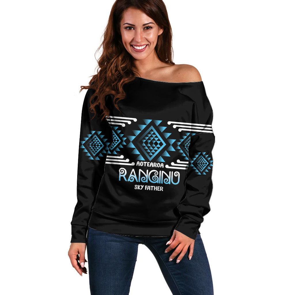 Aotearoa Atua Ranginui Personalised Off Shoulder Sweater Maori Sky Father Taniko Motifs LT14 Women Blue - Polynesian Pride