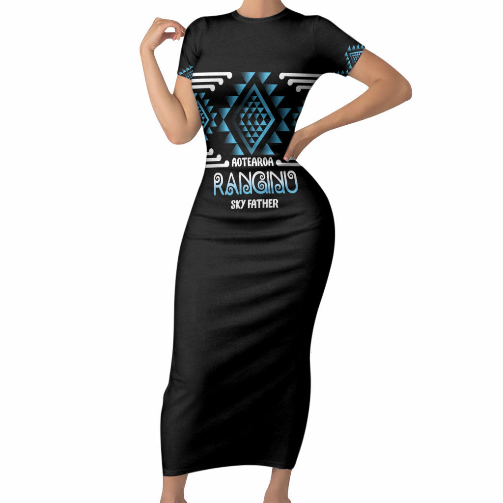 Aotearoa Atua Ranginui Personalised Short Sleeve Bodycon Dress Maori Sky Father Taniko Motifs LT14 Long Dress Blue - Polynesian Pride