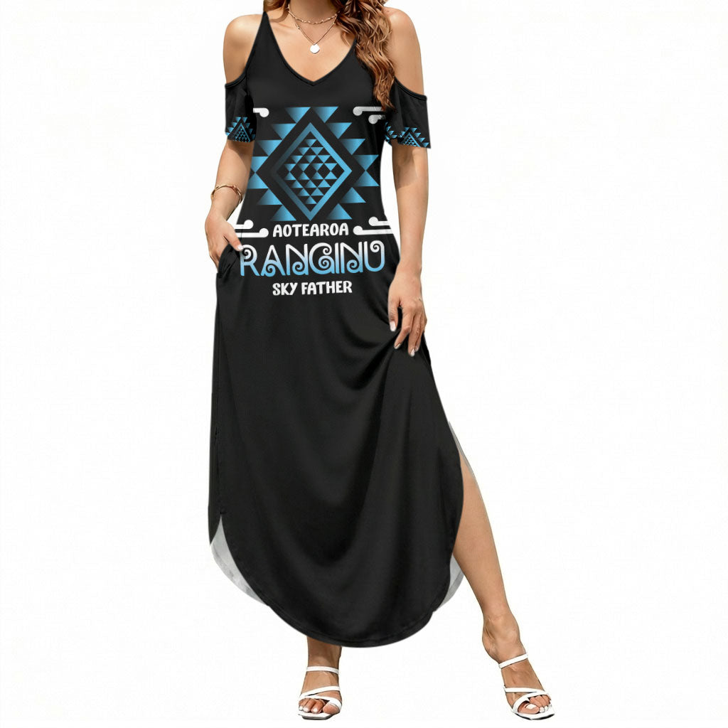 Aotearoa Atua Ranginui Personalised Summer Maxi Dress Maori Sky Father Taniko Motifs LT14 Women Blue - Polynesian Pride