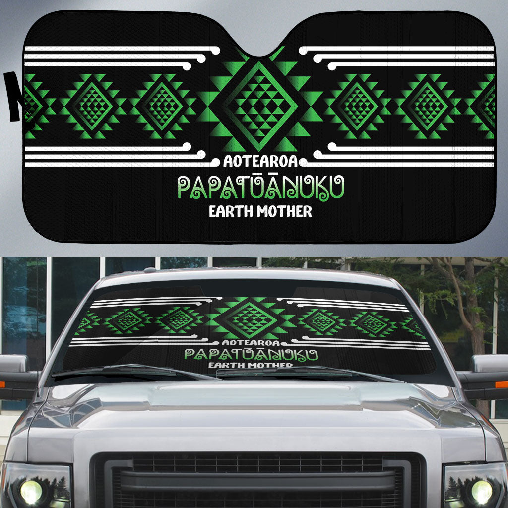Aotearoa Atua Papatuanuku Auto Sun Shade Maori Earth Mother Taniko Motifs LT14 Green - Polynesian Pride