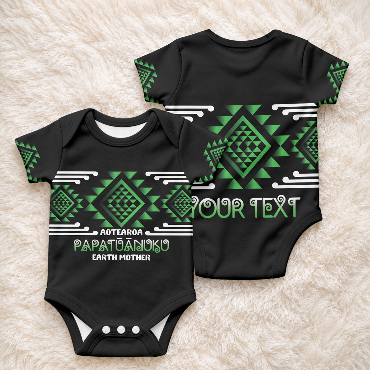 Aotearoa Atua Papatuanuku Personalised Baby Onesie Maori Earth Mother Taniko Motifs