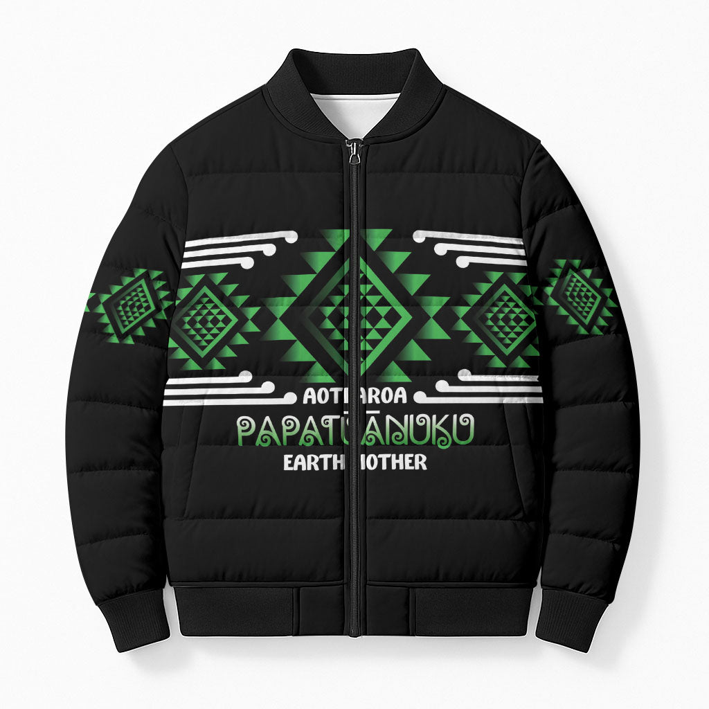 Aotearoa Atua Papatuanuku Personalised Bomber Puffer Jacket Maori Earth Mother Taniko Motifs LT14 Unisex Green - Polynesian Pride