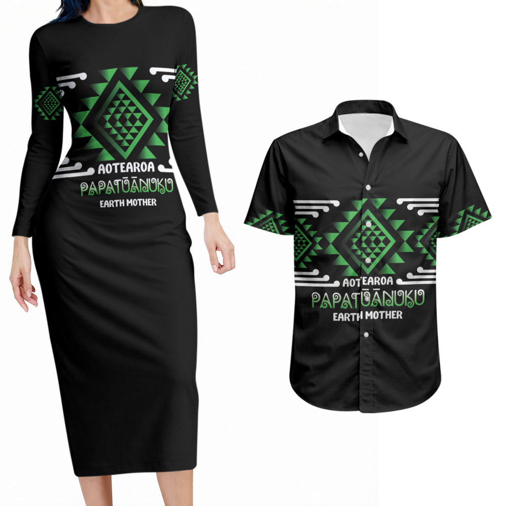 Aotearoa Atua Papatuanuku Personalised Couples Matching Long Sleeve Bodycon Dress and Hawaiian Shirt Maori Earth Mother Taniko Motifs