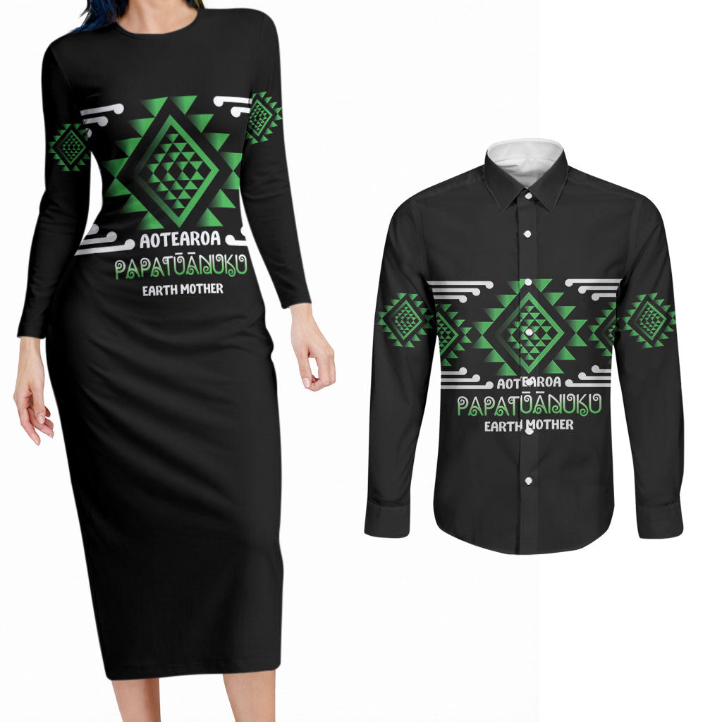 Aotearoa Atua Papatuanuku Personalised Couples Matching Long Sleeve Bodycon Dress and Long Sleeve Button Shirt Maori Earth Mother Taniko Motifs
