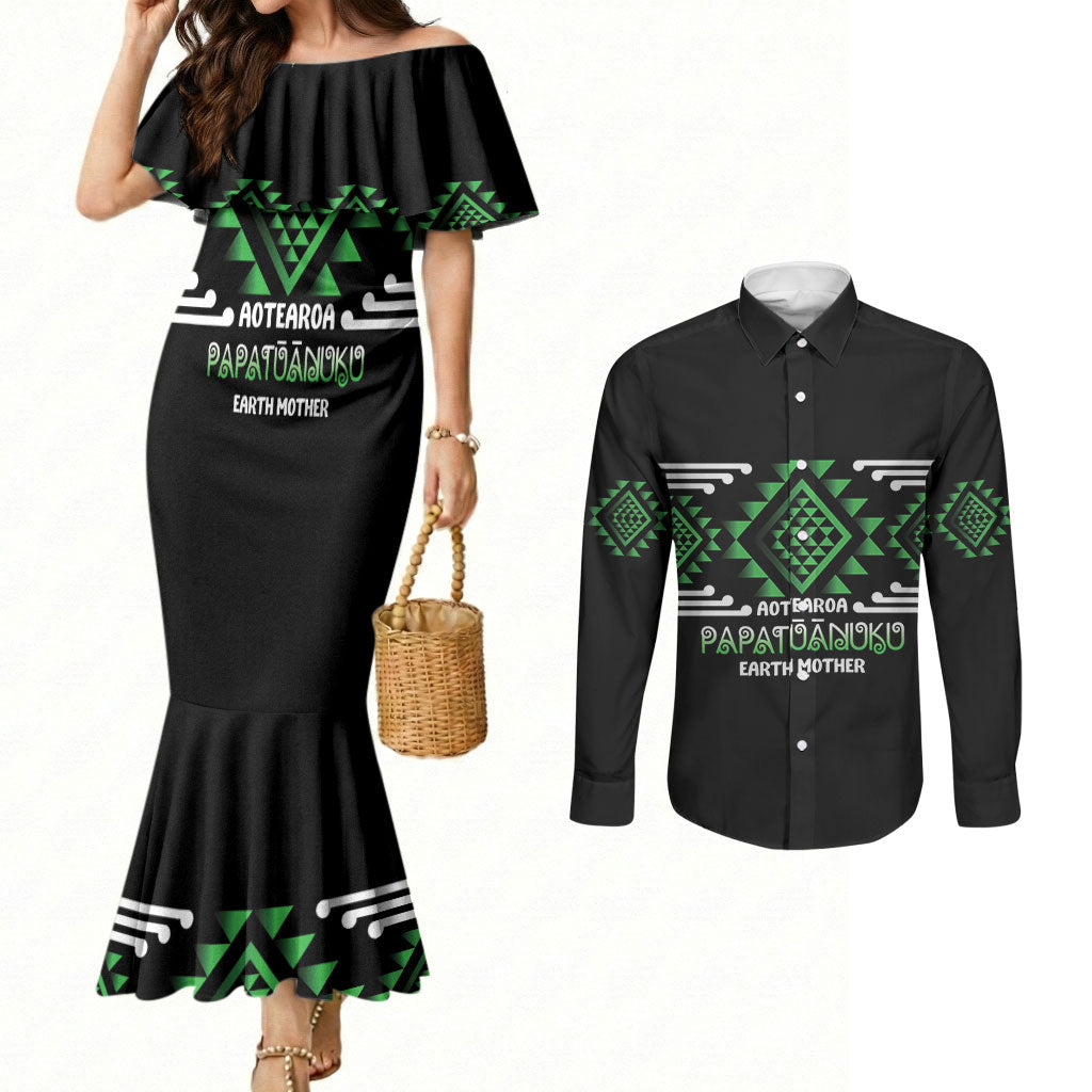 Aotearoa Atua Papatuanuku Personalised Couples Matching Mermaid Dress and Long Sleeve Button Shirt Maori Earth Mother Taniko Motifs