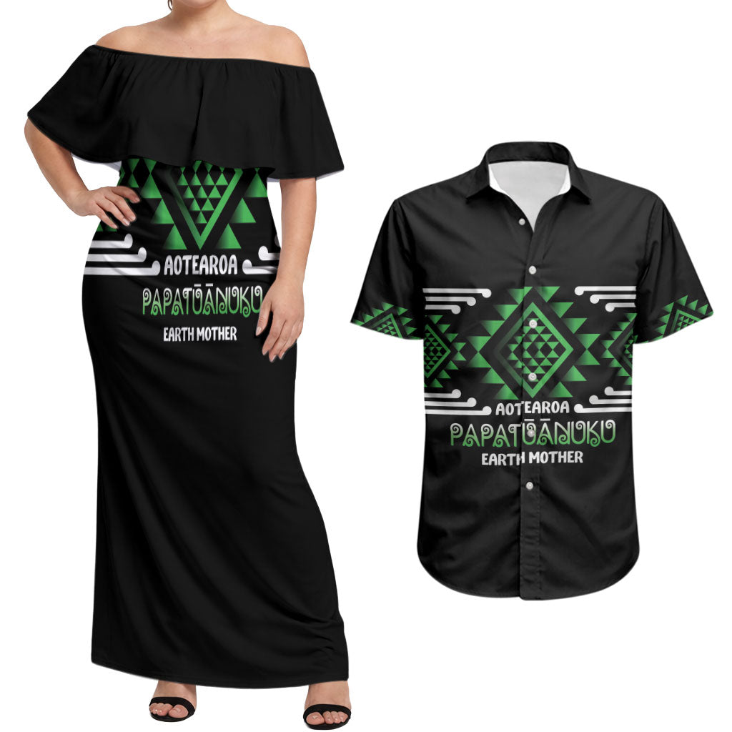 Aotearoa Atua Papatuanuku Personalised Couples Matching Off Shoulder Maxi Dress and Hawaiian Shirt Maori Earth Mother Taniko Motifs