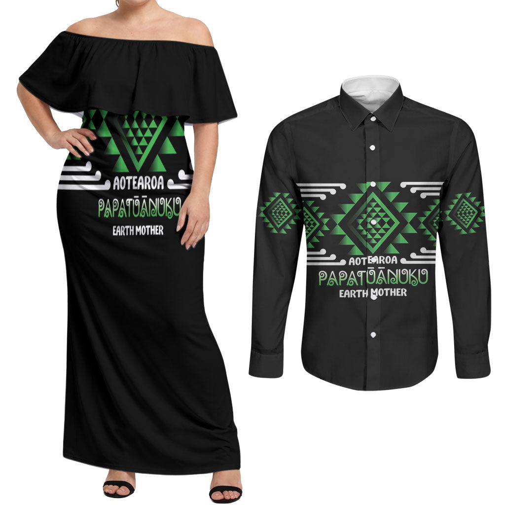Aotearoa Atua Papatuanuku Personalised Couples Matching Off Shoulder Maxi Dress and Long Sleeve Button Shirt Maori Earth Mother Taniko Motifs LT14 Green - Polynesian Pride
