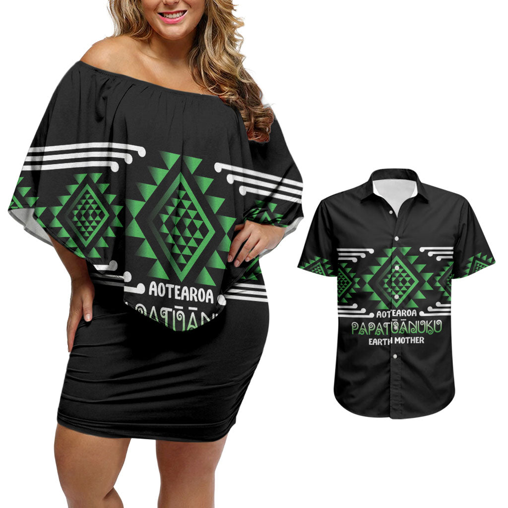 Aotearoa Atua Papatuanuku Personalised Couples Matching Off Shoulder Short Dress and Hawaiian Shirt Maori Earth Mother Taniko Motifs