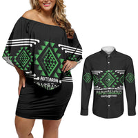 Aotearoa Atua Papatuanuku Personalised Couples Matching Off Shoulder Short Dress and Long Sleeve Button Shirt Maori Earth Mother Taniko Motifs