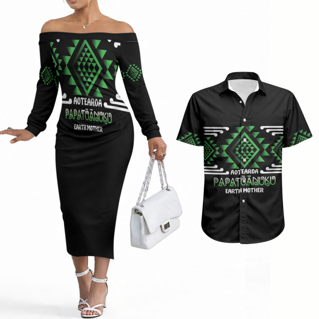 Aotearoa Atua Papatuanuku Personalised Couples Matching Off The Shoulder Long Sleeve Dress and Hawaiian Shirt Maori Earth Mother Taniko Motifs