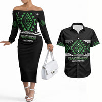Aotearoa Atua Papatuanuku Personalised Couples Matching Off The Shoulder Long Sleeve Dress and Hawaiian Shirt Maori Earth Mother Taniko Motifs
