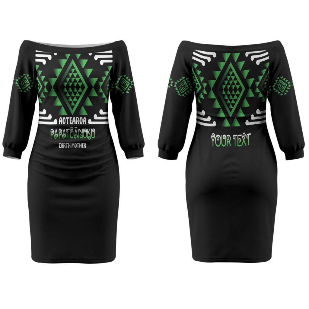 Aotearoa Atua Papatuanuku Personalised Couples Matching Off The Shoulder Long Sleeve Dress and Hawaiian Shirt Maori Earth Mother Taniko Motifs