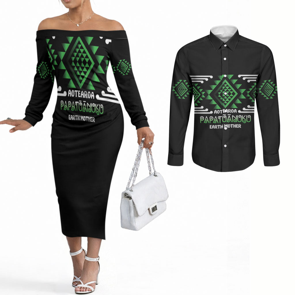 Aotearoa Atua Papatuanuku Personalised Couples Matching Off The Shoulder Long Sleeve Dress and Long Sleeve Button Shirt Maori Earth Mother Taniko Motifs LT14 Green - Polynesian Pride