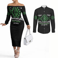 Aotearoa Atua Papatuanuku Personalised Couples Matching Off The Shoulder Long Sleeve Dress and Long Sleeve Button Shirt Maori Earth Mother Taniko Motifs