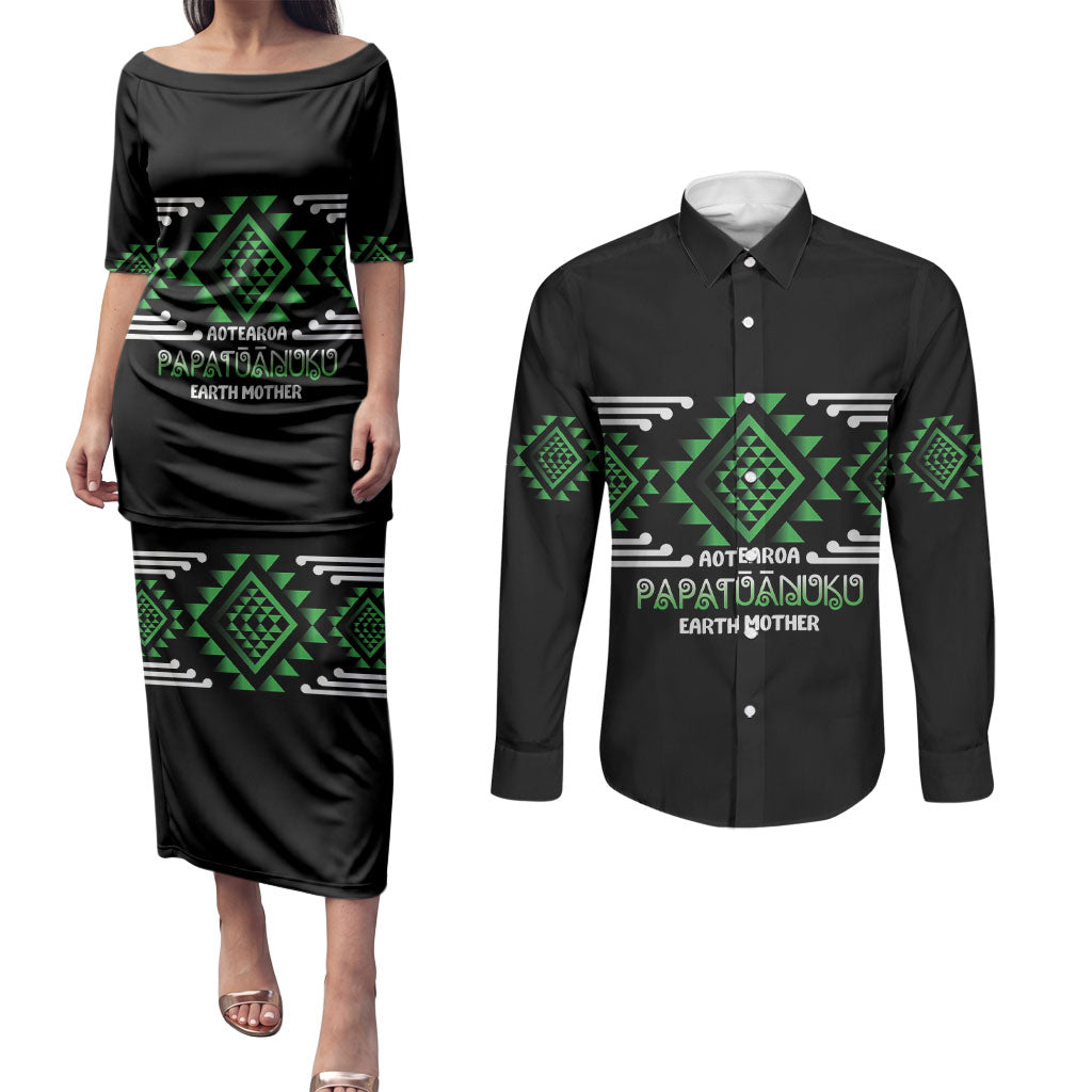 Aotearoa Atua Papatuanuku Personalised Couples Matching Puletasi and Long Sleeve Button Shirt Maori Earth Mother Taniko Motifs