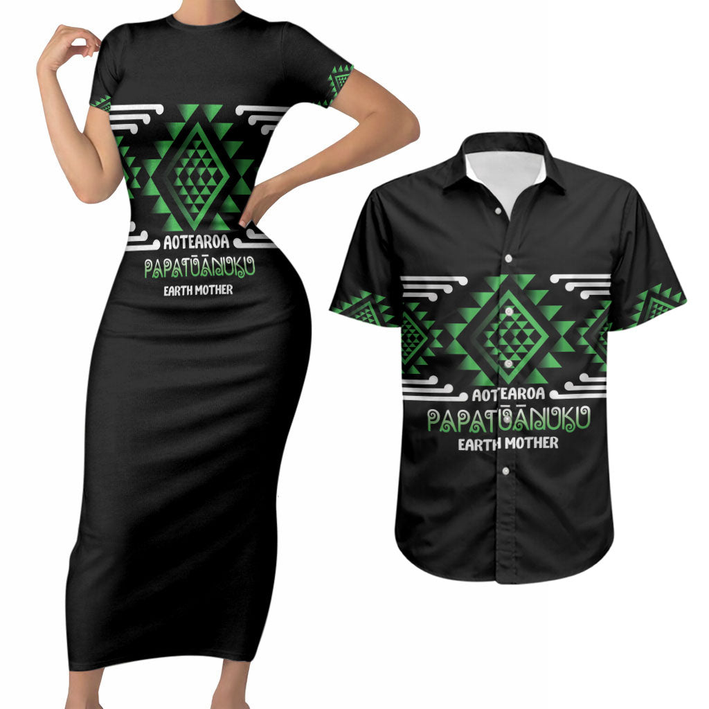 Aotearoa Atua Papatuanuku Personalised Couples Matching Short Sleeve Bodycon Dress and Hawaiian Shirt Maori Earth Mother Taniko Motifs