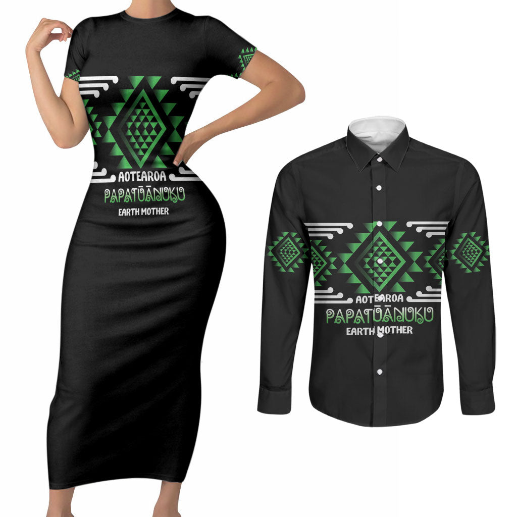 Aotearoa Atua Papatuanuku Personalised Couples Matching Short Sleeve Bodycon Dress and Long Sleeve Button Shirt Maori Earth Mother Taniko Motifs