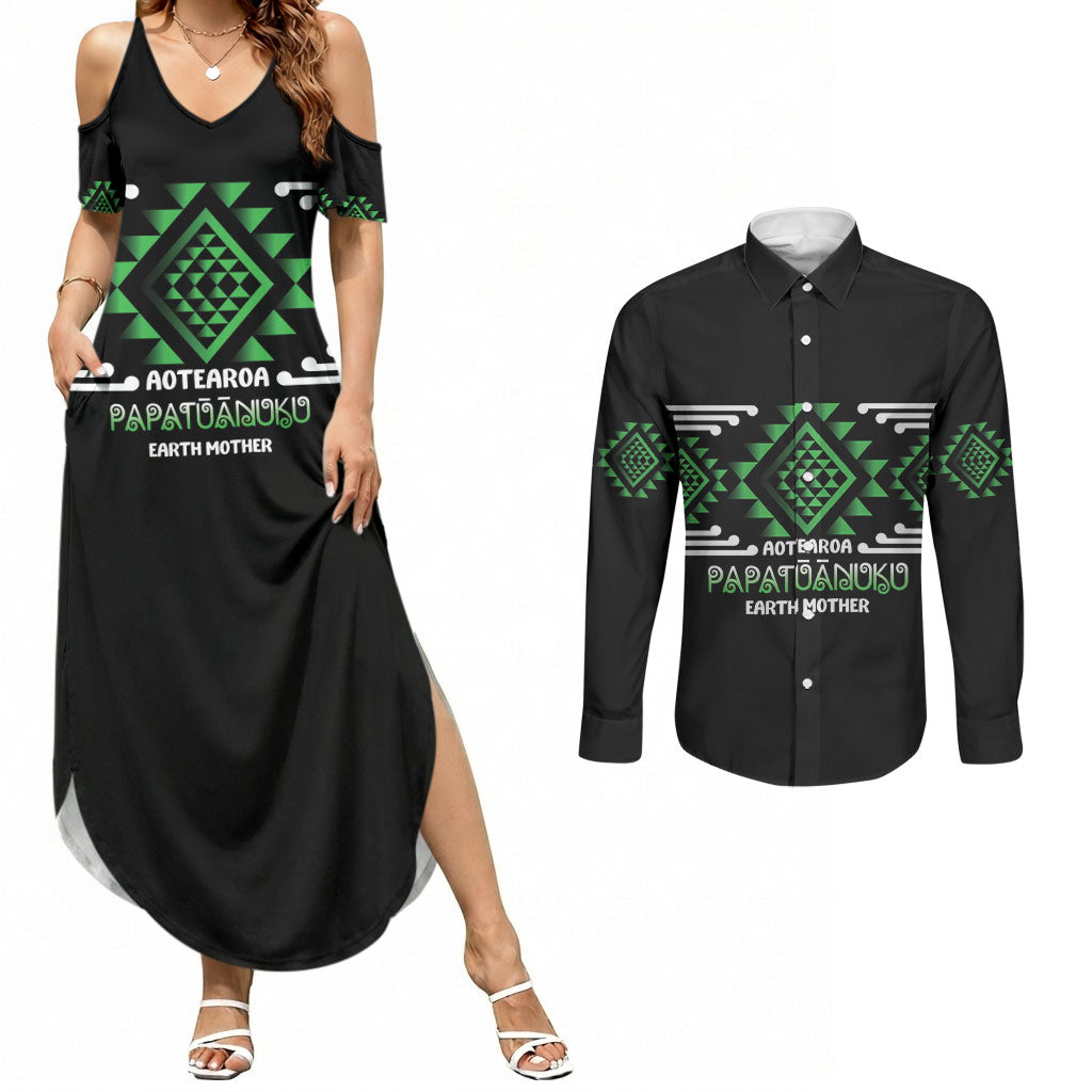 Aotearoa Atua Papatuanuku Personalised Couples Matching Summer Maxi Dress and Long Sleeve Button Shirt Maori Earth Mother Taniko Motifs