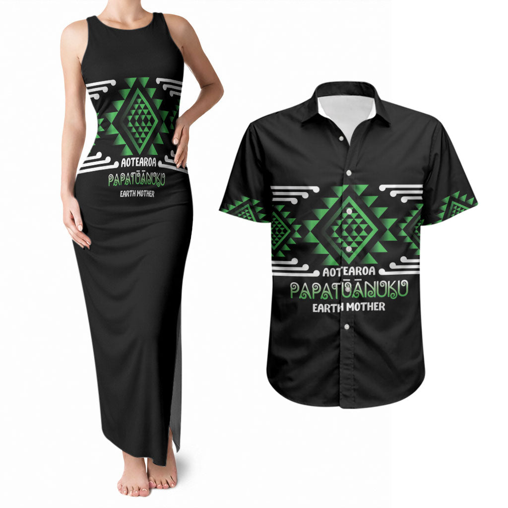 Aotearoa Atua Papatuanuku Personalised Couples Matching Tank Maxi Dress and Hawaiian Shirt Maori Earth Mother Taniko Motifs
