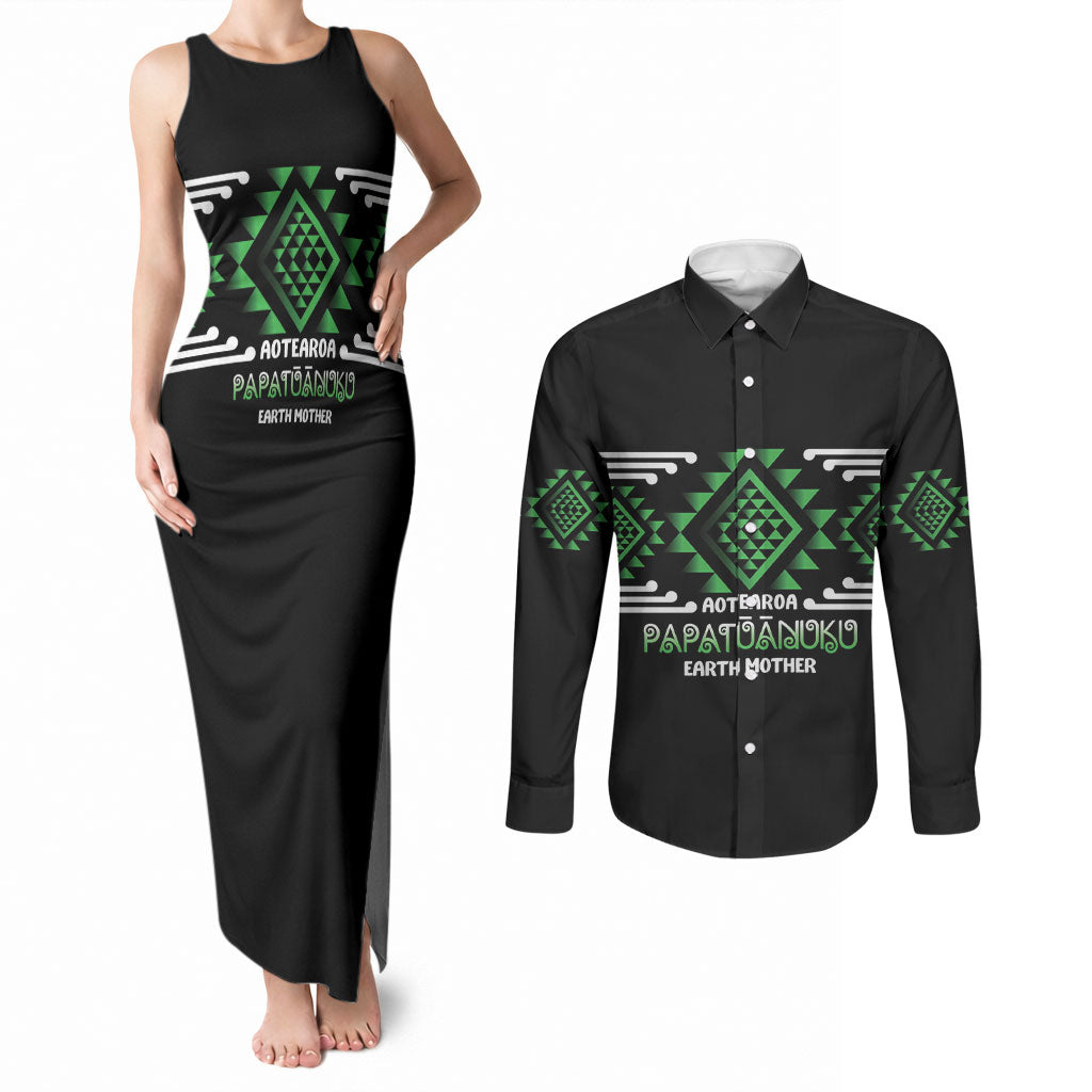 Aotearoa Atua Papatuanuku Personalised Couples Matching Tank Maxi Dress and Long Sleeve Button Shirt Maori Earth Mother Taniko Motifs LT14 Green - Polynesian Pride