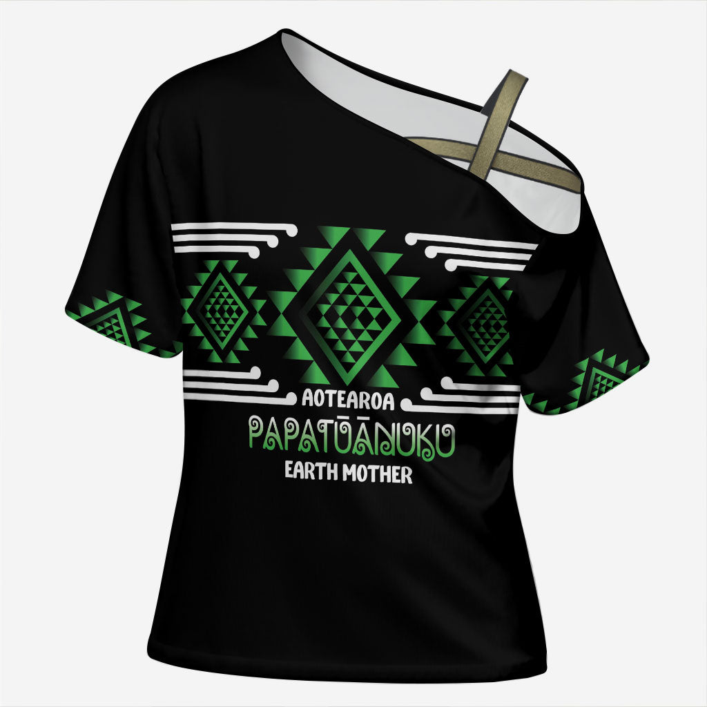 Aotearoa Atua Papatuanuku Personalised Cross Shoulder Shirt Maori Earth Mother Taniko Motifs LT14 Female Green - Polynesian Pride