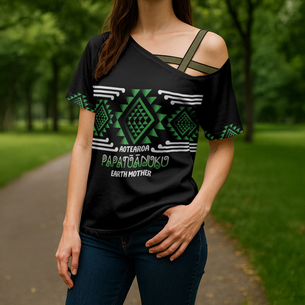 Aotearoa Atua Papatuanuku Personalised Cross Shoulder Shirt Maori Earth Mother Taniko Motifs