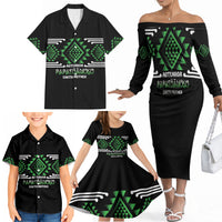 Aotearoa Atua Papatuanuku Personalised Family Matching Off The Shoulder Long Sleeve Dress and Hawaiian Shirt Maori Earth Mother Taniko Motifs