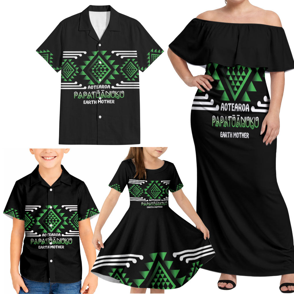 Aotearoa Atua Papatuanuku Personalised Family Matching Off Shoulder Maxi Dress and Hawaiian Shirt Maori Earth Mother Taniko Motifs