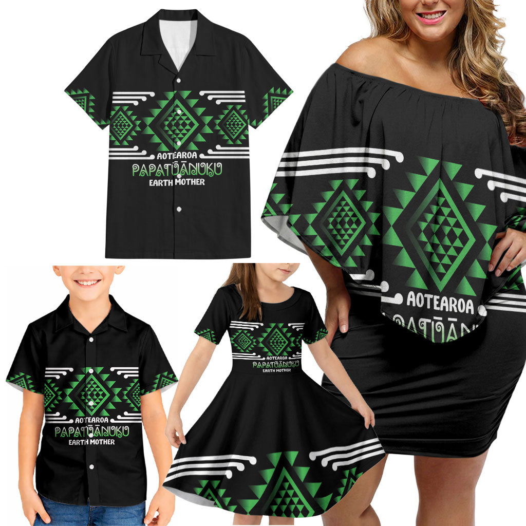 Aotearoa Atua Papatuanuku Personalised Family Matching Off Shoulder Short Dress and Hawaiian Shirt Maori Earth Mother Taniko Motifs