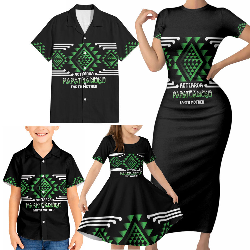 Aotearoa Atua Papatuanuku Personalised Family Matching Short Sleeve Bodycon Dress and Hawaiian Shirt Maori Earth Mother Taniko Motifs
