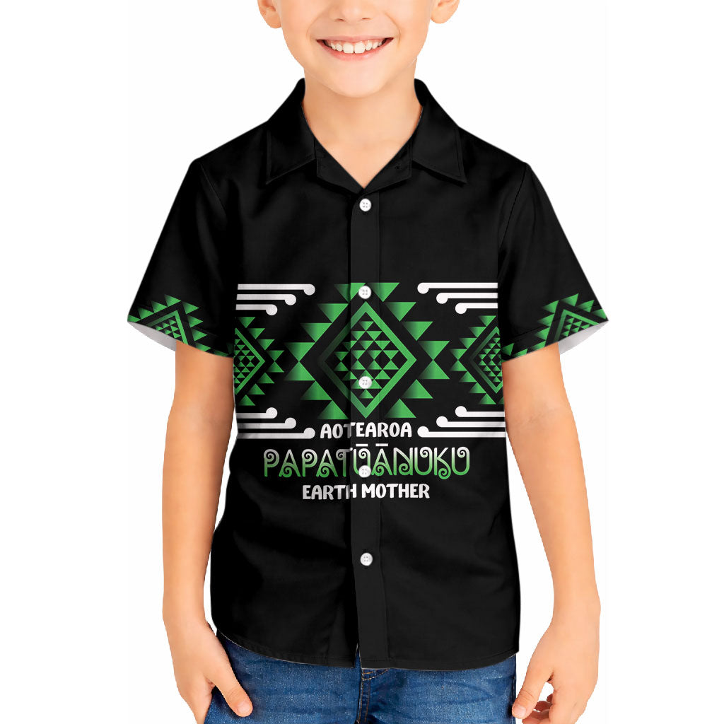 Aotearoa Atua Papatuanuku Personalised Kid Hawaiian Shirt Maori Earth Mother Taniko Motifs LT14 Kid Green - Polynesian Pride