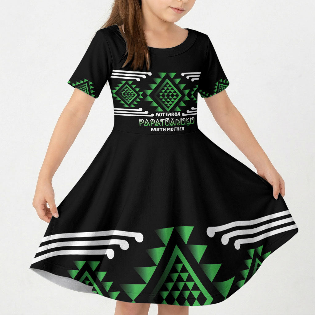 Aotearoa Atua Papatuanuku Personalised Kid Short Sleeve Dress Maori Earth Mother Taniko Motifs